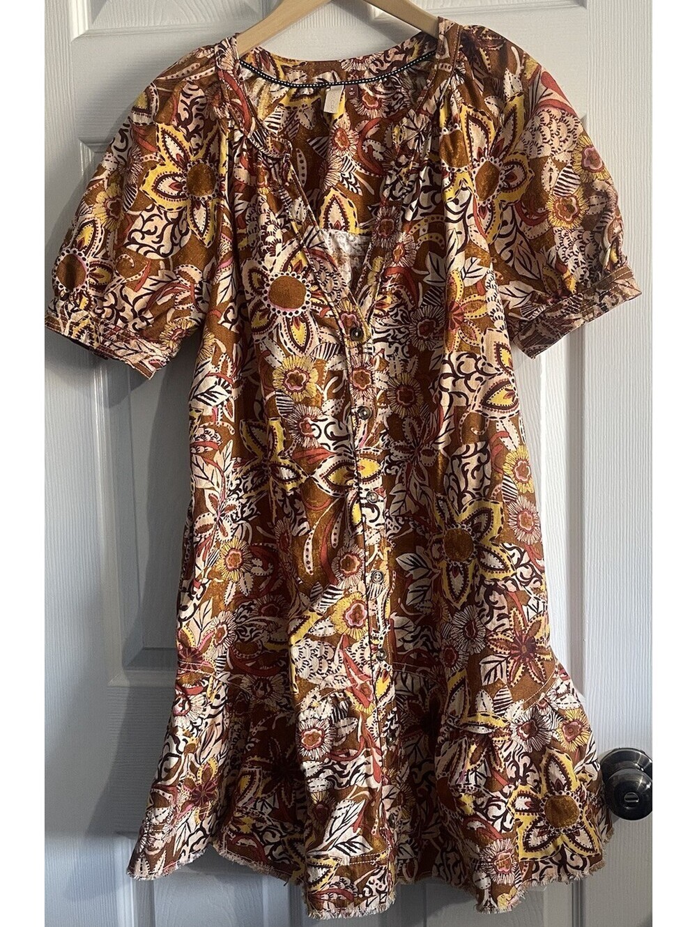 Pilcro Anthropologie Linen Cotton Floral Dress Raw Hem M Pockets Fall Boho Brown